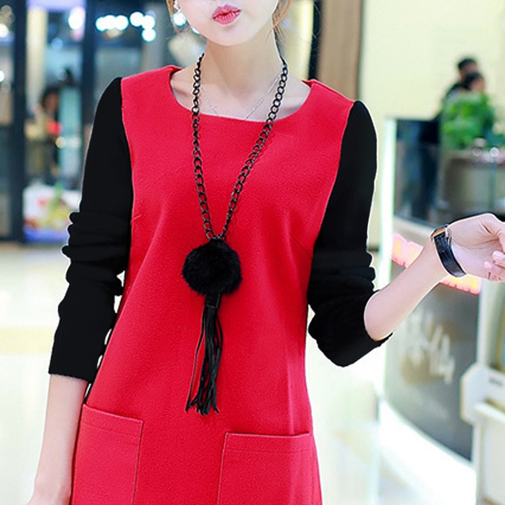 Loose Long Sleeve Splice Pocket O-neck Dress - Find Epic Store