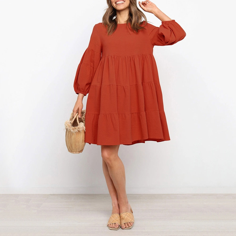 Cotton linen Slid Color Dress - Tangerine Red / S / United States Find Epic Store