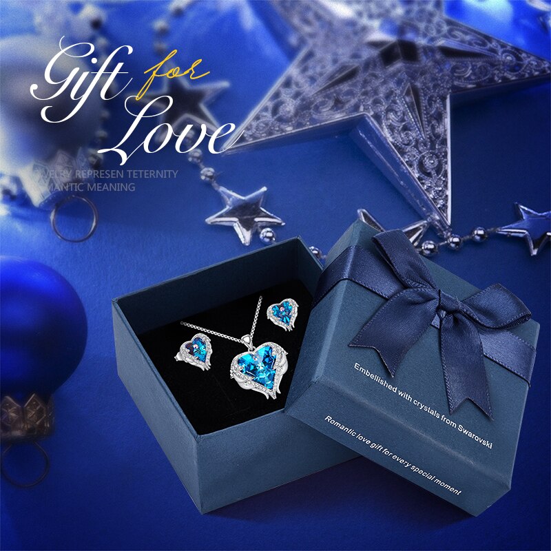 Women Jewelry Set Embellished With Crystals Necklace Stud Earring Set Angel Wing Jewelry Valentine's Day Gift - 100007324 Blue in box / United States / 40cm Find Epic Store
