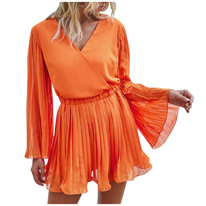 Pleated V-neck Dress - 200000362 Orange / S / United States Find Epic Store