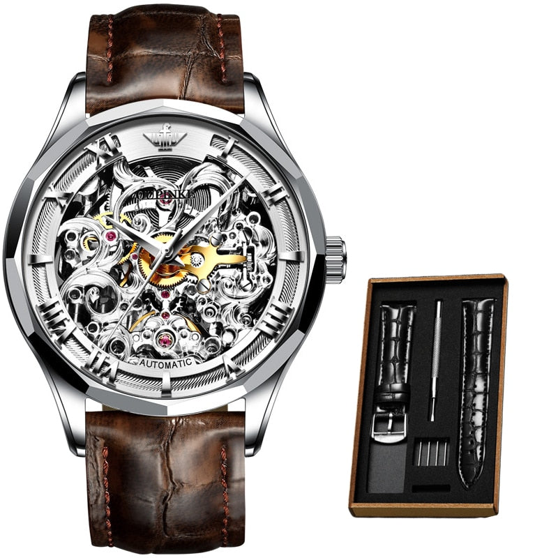 Men Skeleton Genuine Leather Luxury Automatic Wristwatch - 200033142 gray face-brown / United States Find Epic Store
