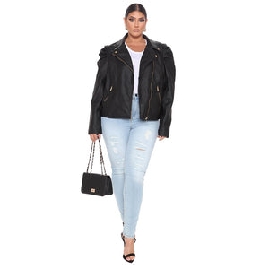 Plus Size Faux Leather Puff Sleeve Vintage Jackets - 200001909 Find Epic Store