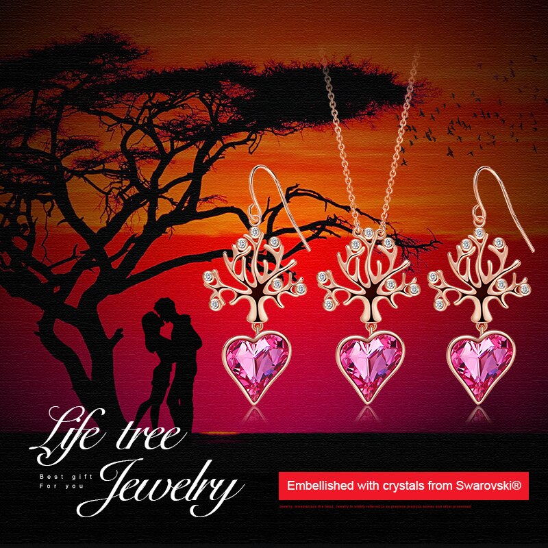 Pink Crystal Heart Tree of Life Pendant And Dangle Earrings Set - 100007324 Find Epic Store
