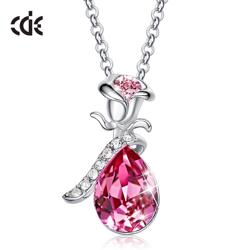 Women Gold Color Rose Flower Necklace Pendant with Crystals from Swarovski Teardrop Jewelry Fashion Romantic Valentine's Day - 200000162 Pink / United States / 40cm Find Epic Store