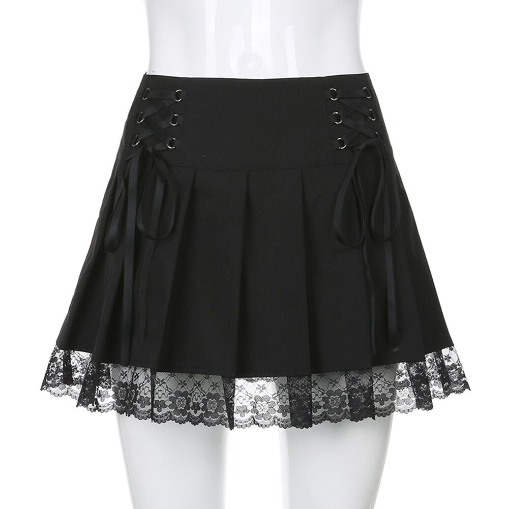 Pleated Black Mini Lace Up Skirt - 349 Find Epic Store