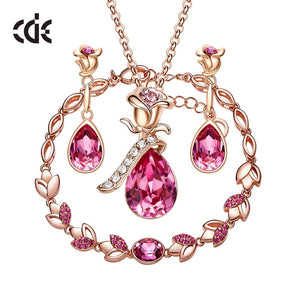 Women Wedding Jewelry Set Embellished with Crystals Rose Flower Pendant Necklace Earrings Bracelet 3PCS/SET - 100007324 Pink / United States / 40cm Find Epic Store