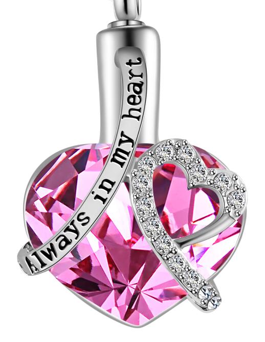 Always in my heart Locket screw Heart cremation memorial ashes urn birthstone necklace jewelry keepsake pendant - 200000162 Pink Find Epic Store