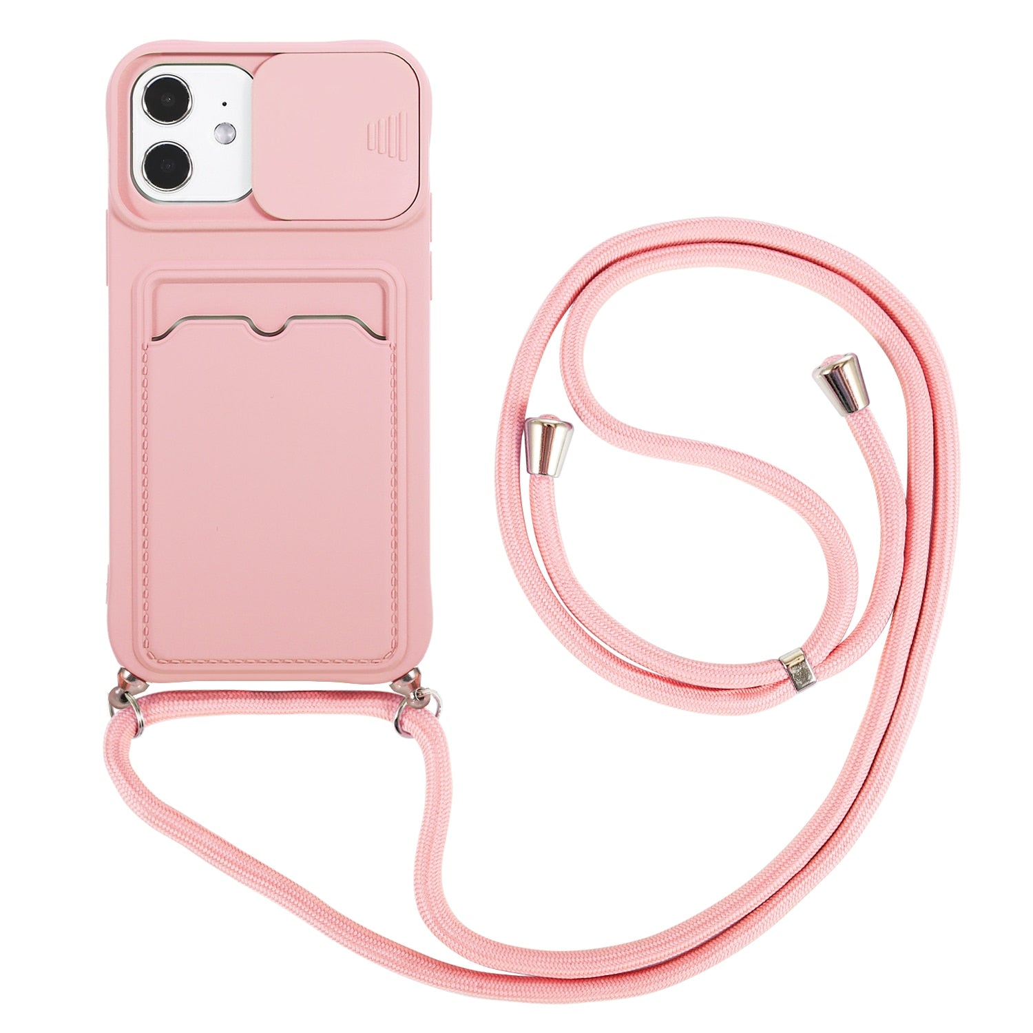 Slide Camera Lens Protection With Card Holder Phone Case for iPhone 11 12 Pro Max XS MAX XR 6s 7 8 Plus Credit Slot With lanyard - 380230 For iPhone 7 or 8 / Pink / United States Find Epic Store