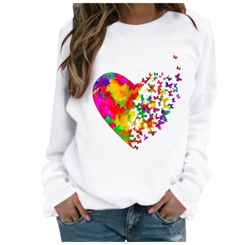 Women O-neck Color Butterfly Heart Printed Top - 200000348 Find Epic Store