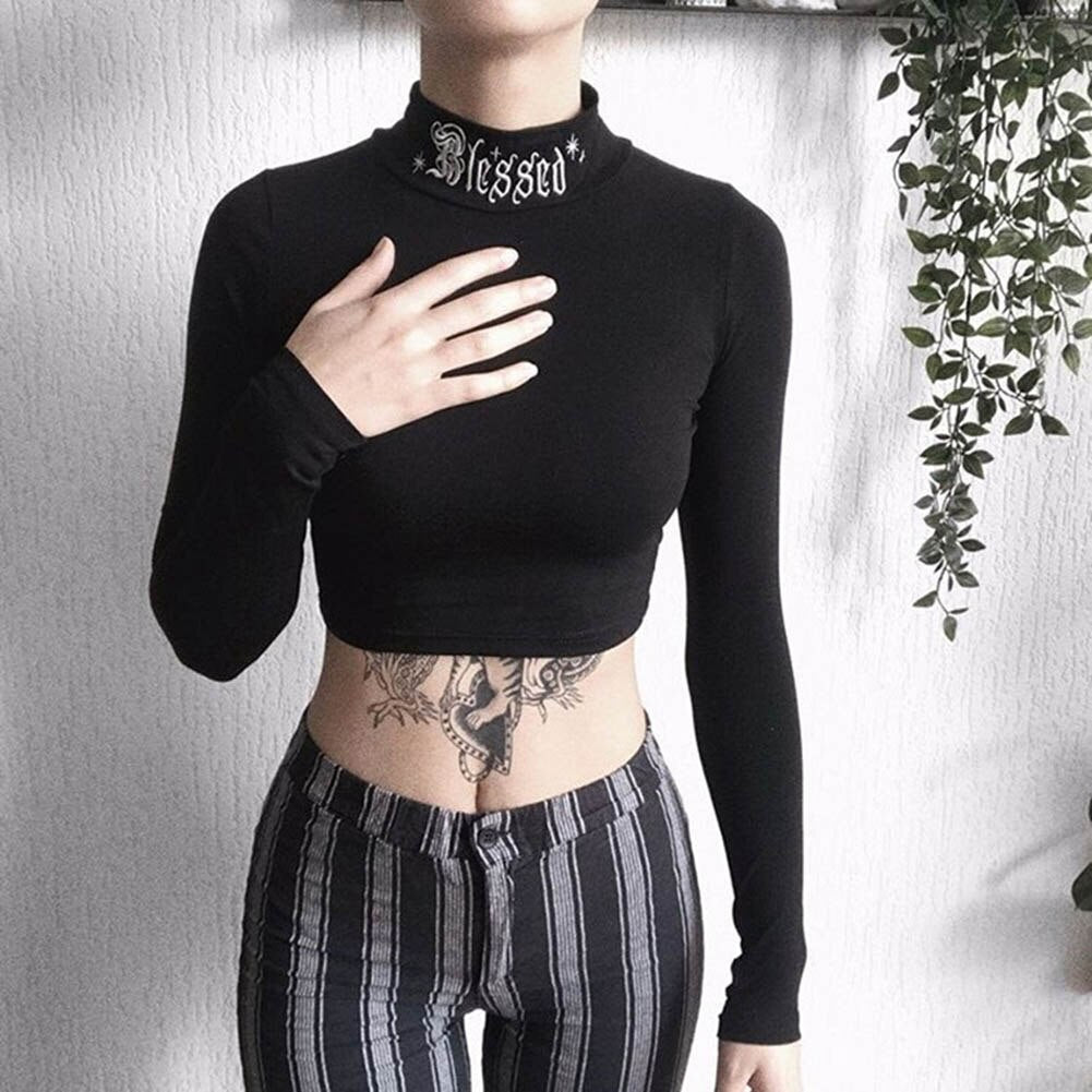 Black Bodycon Long Sleeve Crop Tops - 200000791 Find Epic Store