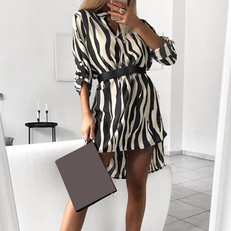 Striped Print V-neck Turn-down Collar Dress - 200000347 Find Epic Store