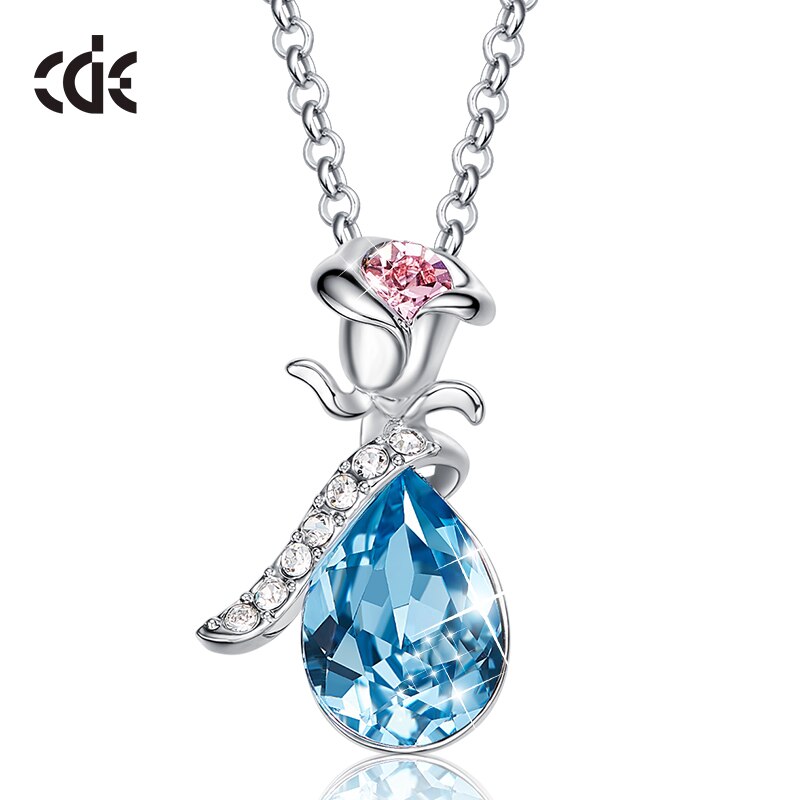 Women Gold Color Rose Flower Necklace Pendant with Crystals from Swarovski Teardrop Jewelry Fashion Romantic Valentine's Day - 200000162 Blue / United States / 40cm Find Epic Store