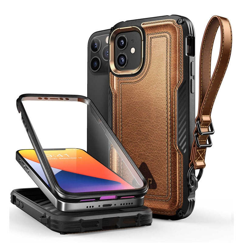 For iPhone 12 Case For iPhone 12 Pro Case 6.1 inch UB Royal Full-Body Rugged Leather Case With Built-in Screen Protector - 380230 PC + TPU / Brown / United States Find Epic Store