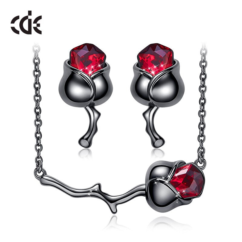 Women Jewelry Set with Crystals Dark Rose Flower Pendant Necklace Earrings Set Wedding Party Jewelry Gift - 100007324 Black / United States / 40cm Find Epic Store