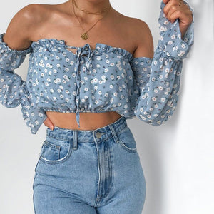 Floral Print Long Sleeve One-neck Short Top - 200000346 Find Epic Store