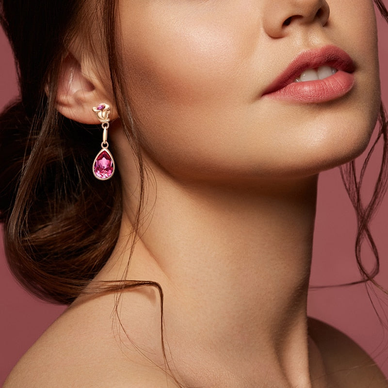 Jewelry Pink Crystals Rose Flower & Teardrop Statement Earrings - 200000168 Find Epic Store