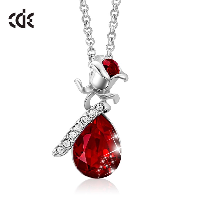 Women Gold Color Rose Flower Necklace Pendant with Crystals from Swarovski Teardrop Jewelry Fashion Romantic Valentine's Day - 200000162 Red / United States / 40cm Find Epic Store