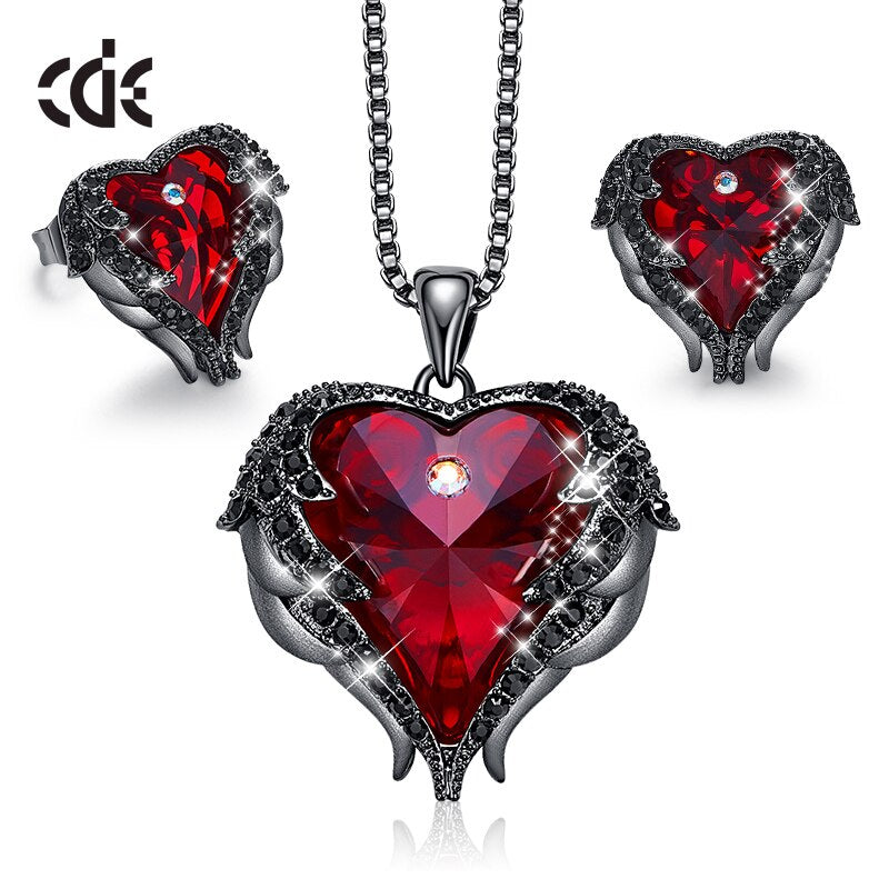 Crystals Heart Jewelry Set for Women Wedding Party Accessories Angel Wings Necklace Earrings Set Wift Gift - 100007324 Red Black / United States / 40cm Find Epic Store
