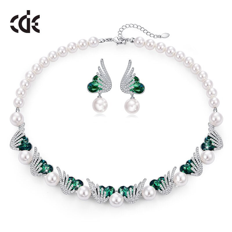 Luxury Jewelry Wedding Set Angel Wings Green Heart Crystal Bridal Necklace Earrings Set with Pearl New Design 2020 - 100007324 Find Epic Store