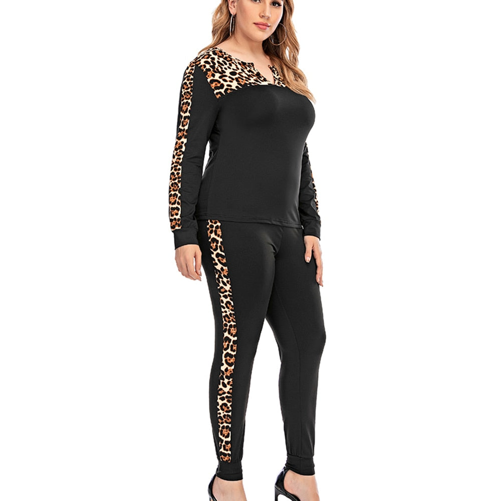 Plus Size Two-piece Leopard Stitching Sportswear Outfit - 201530602 Find Epic Store