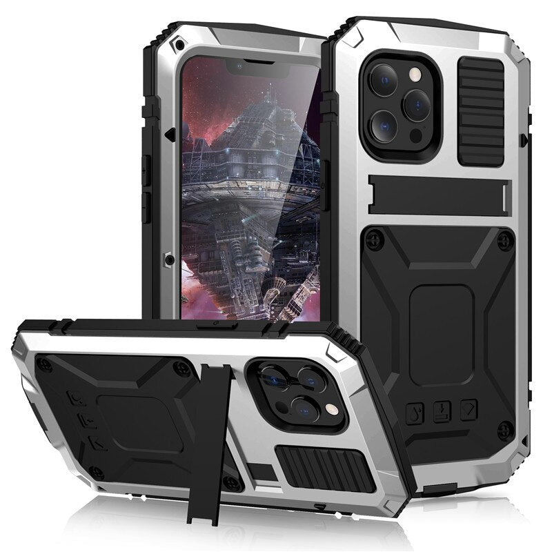 Full-Body Rugged Armor Shockproof Protective Case for iPhone 13 12 Pro Max Mini 11 Pro Max Kickstand Aluminum Metal Cover - 0 For iPhone13 Pro Max / Silver Find Epic Store