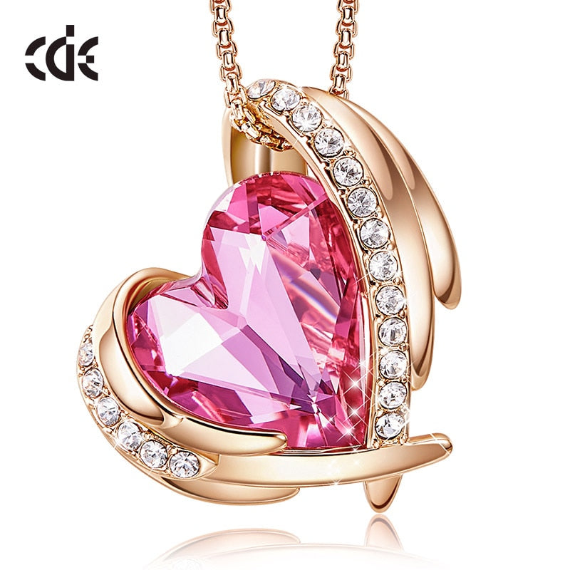 Women Gold Necklace Pendant Embellished with Crystals Pink Heart Necklace Angel Wing Jewelry Mom Gift - 100007321 Find Epic Store