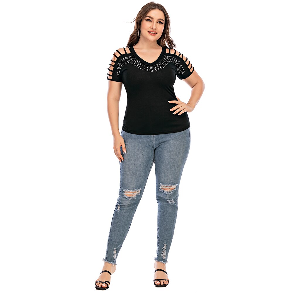 6XL Hot Drilling Plus Size Short Sleeve Elegant Hollow Out Top - 200000791 Find Epic Store