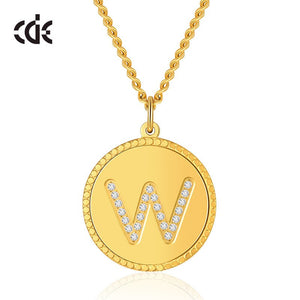 Custom 26 Initial Disc Necklace with CZ Fashion Gold Coin Charm Stainless Steel Necklace Women Men Birthday Gift - 200000162 W / United States / 40cm Find Epic Store