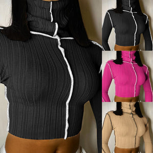 Long Sleeve High Neck Sexy Crop Top - 200000791 Find Epic Store