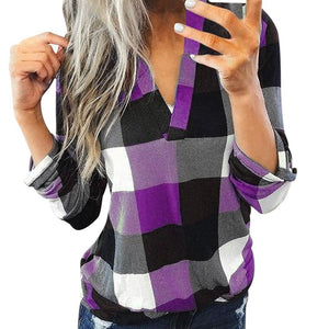 Roll Up Long Sleeve V Neck Plaid Shirt - 200000791 Purple / S / United States Find Epic Store