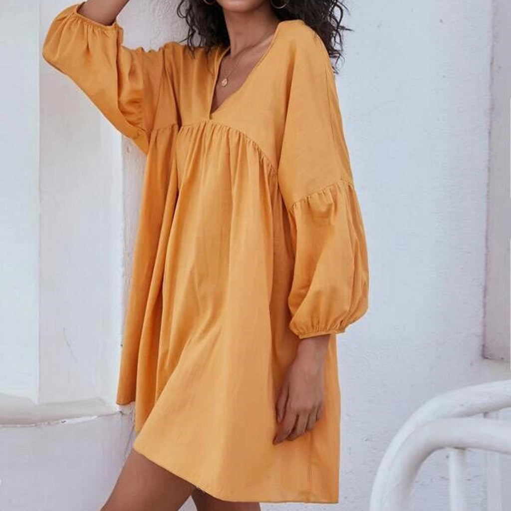 Casual Loose Quarter Sleeve V-Neck Sun Dress - Find Epic Store
