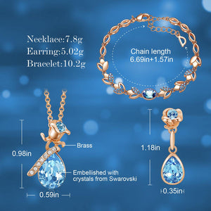 Women Gold Jewelry Set Embellished with Blue Crystal Rose Necklace Earrings Bracelet - 100007324 Find Epic Store