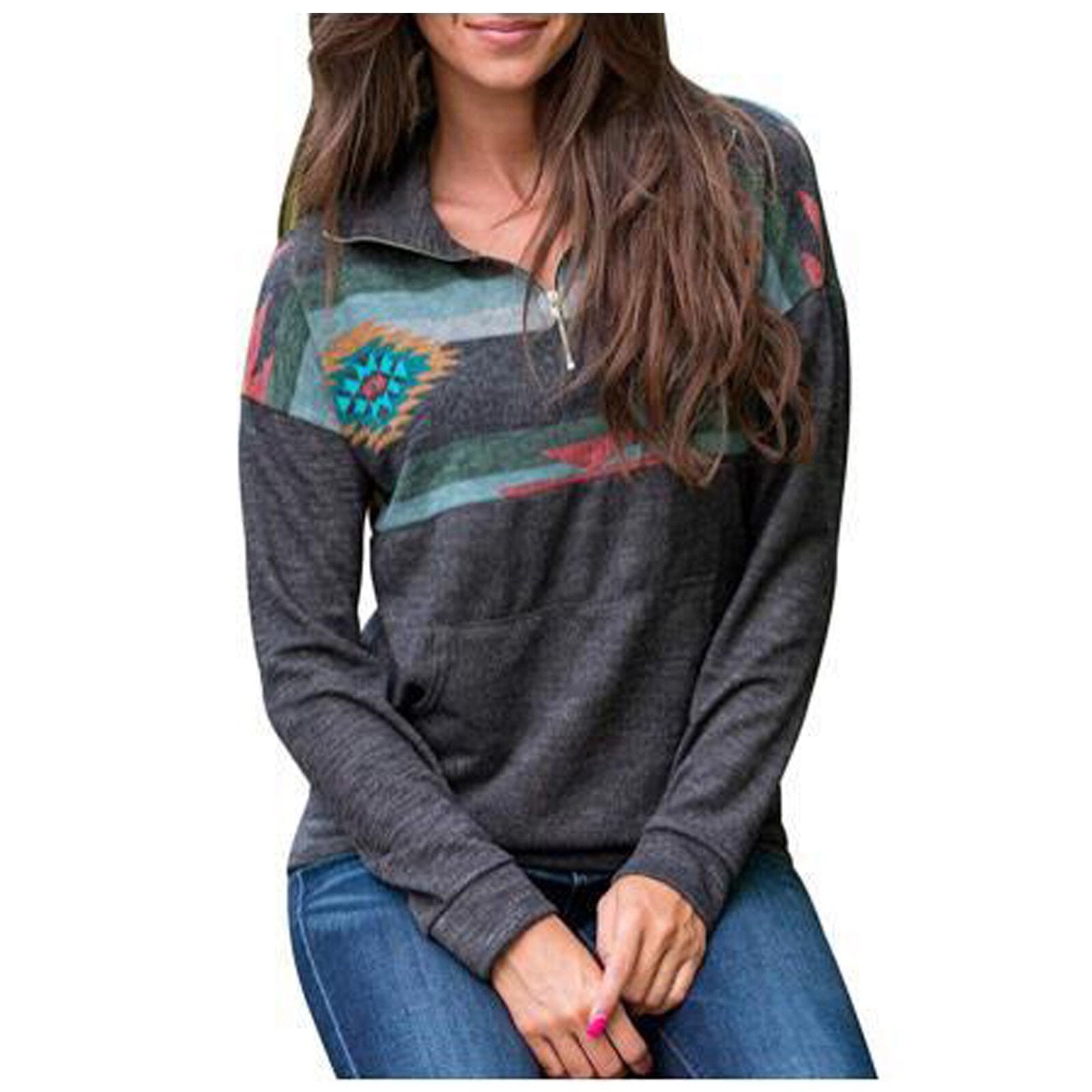 Casual Stand Collar Half Zipper Floral Printing Long Sleeve Sweatshirt - 200000348 Gray / S / United States Find Epic Store
