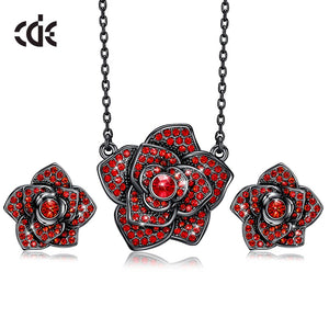 Elegant Fashion Micro Pave AAA Red Austrian Crystal Rose Flower Necklace Earrings Floral Jewelry Set - 100007324 Find Epic Store