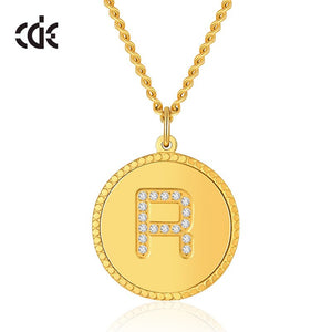 Custom 26 Initial Disc Necklace with CZ Fashion Gold Coin Charm Stainless Steel Necklace Women Men Birthday Gift - 200000162 R / United States / 40cm Find Epic Store