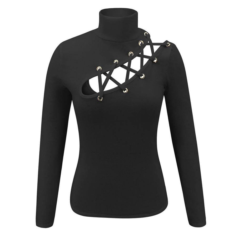 Sexy Lace-Up Eyelet Hollow Out Turtleneck Long Sleeve T-Shirt - 200000791 Find Epic Store