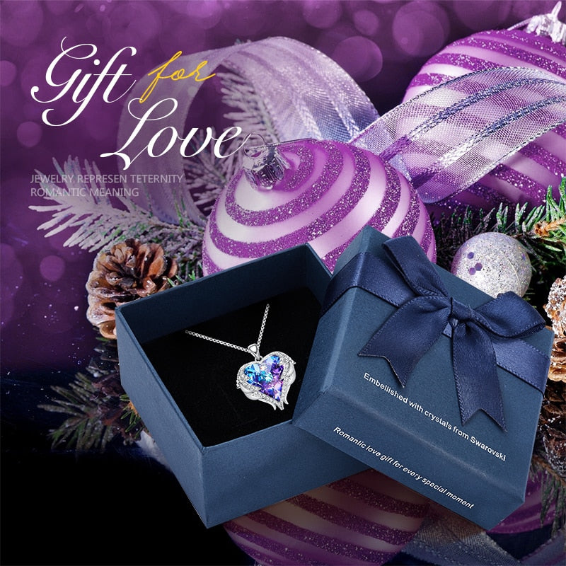 Women Silver Color Necklace Embellished with Crystals Necklace Angel Wings Heart Pendant Valentines Gift - 200000162 Purple in box / United States / 40cm Find Epic Store