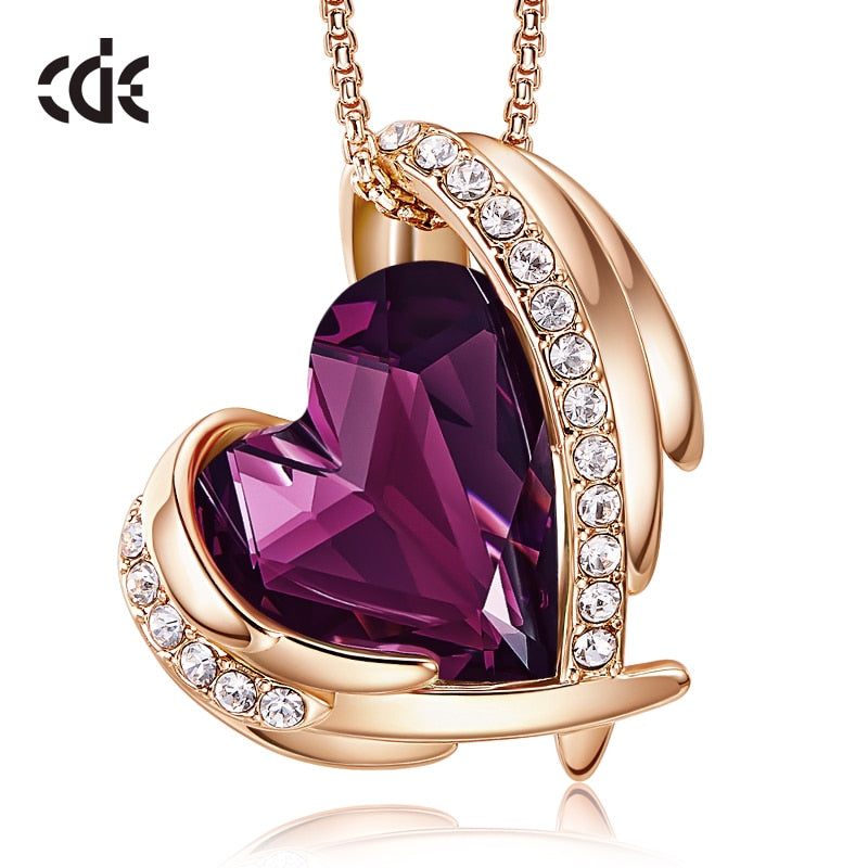 Women Gold Necklace Pendant Embellished with Crystals Pink Heart Necklace Angel Wing Jewelry Mom Gift - 100007321 Purple Gold / United States Find Epic Store