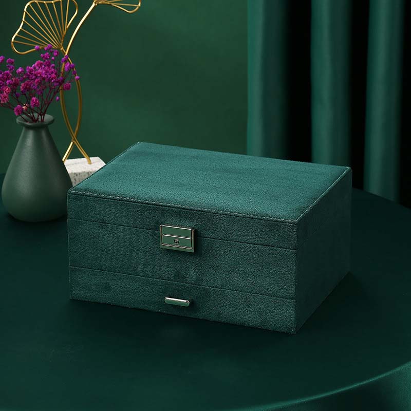 2021 New Jewelry Box 3-layers Green Stud Organizer Large Ring Necklace Makeup Holder Case Velvet Jewelry Box with Lock For Women - 200001479 Find Epic Store