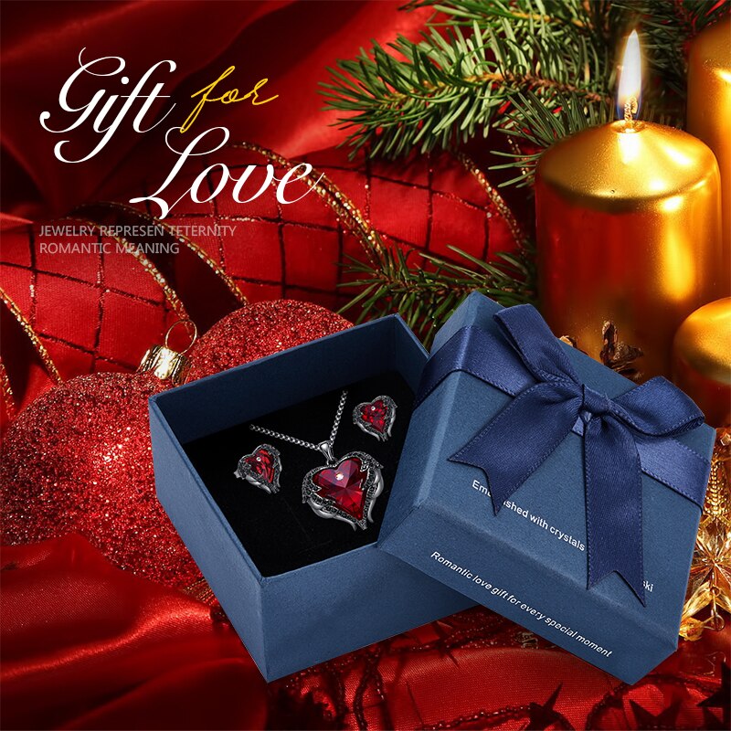 Crystals Heart Jewelry Set for Women Wedding Party Accessories Angel Wings Necklace Earrings Set Wift Gift - 100007324 Red Black in box / United States / 40cm Find Epic Store