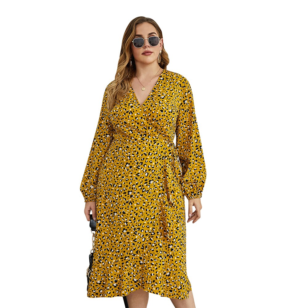 Plus Size Women Leopard Print Long Sleeve V-Neck Dress - 200000347 Find Epic Store