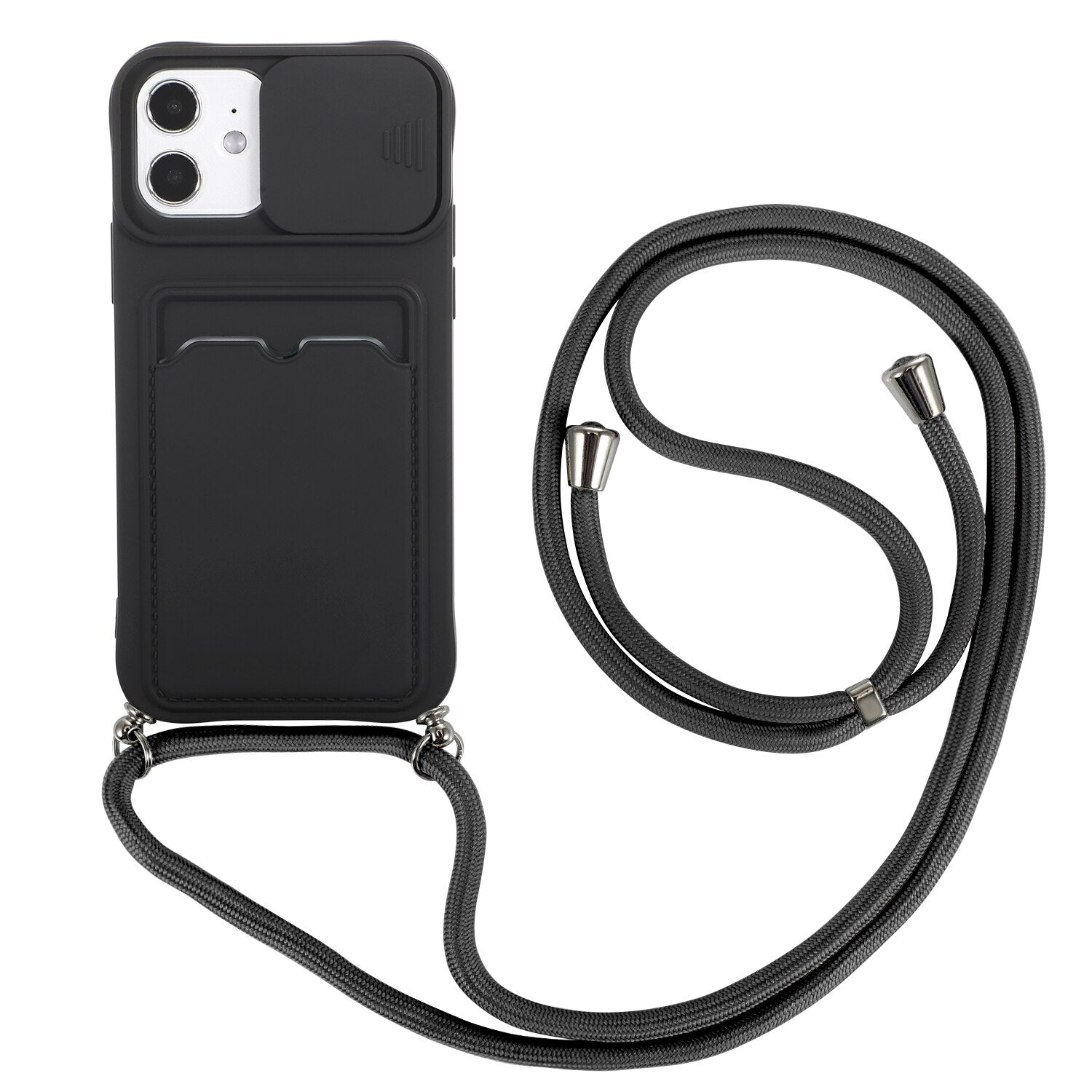 Slide Camera Lens Protection With Card Holder Phone Case for iPhone 11 12 Pro Max XS MAX XR 6s 7 8 Plus Credit Slot With lanyard - 380230 For iPhone 7 or 8 / Black / United States Find Epic Store