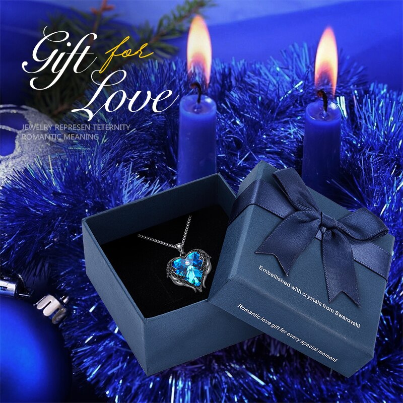 Women Silver Color Necklace Embellished with Crystals Necklace Angel Wings Heart Pendant Valentines Gift - 200000162 Blue Black in box / United States / 40cm Find Epic Store