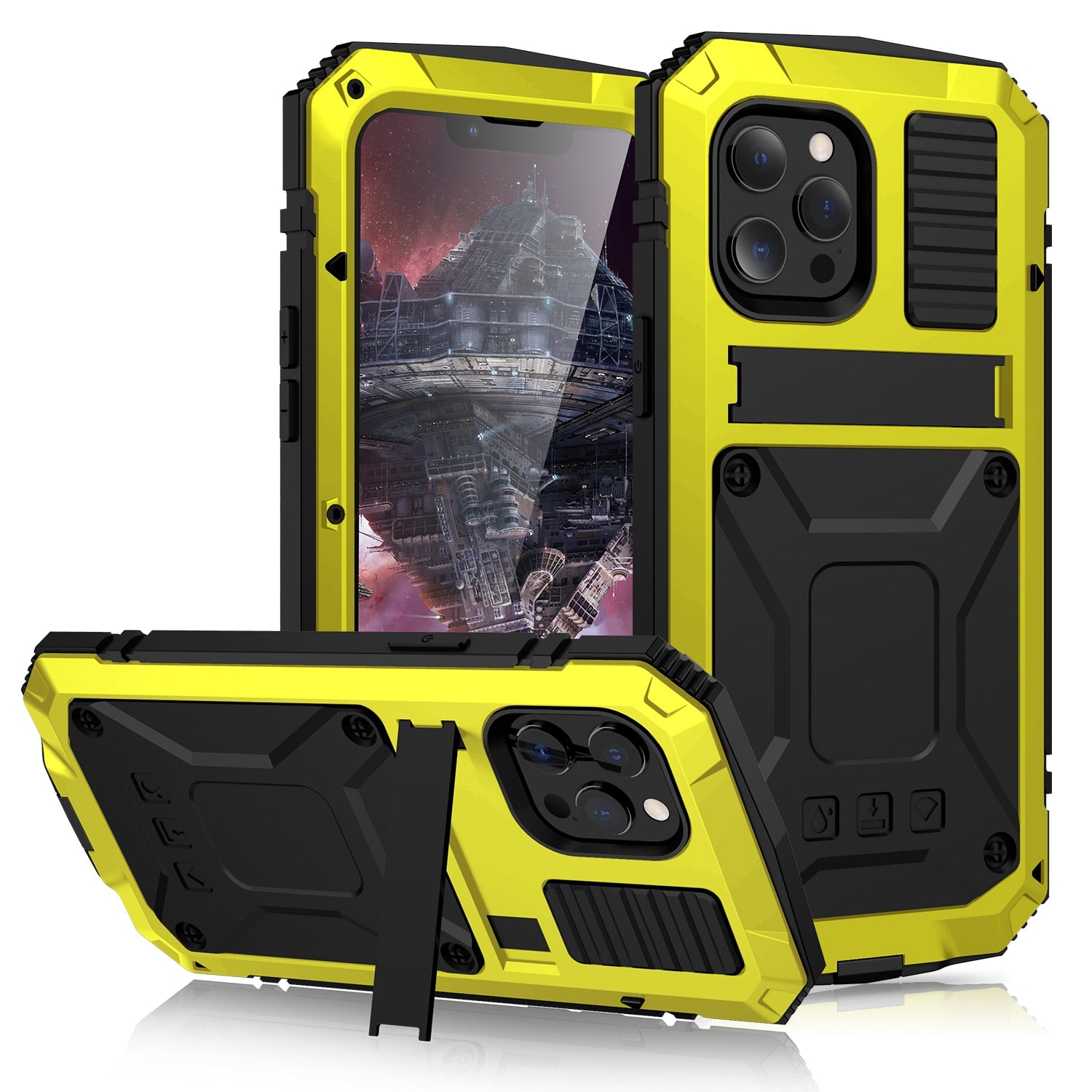 Kickstand Phone Case For iPhone 13 Pro Max Dustproof Shockproof Tempered glass Metal Cover For iPhone 13 Pro 5G 13 Mini - 0 for iPhone 13 / Yellow / United States Find Epic Store