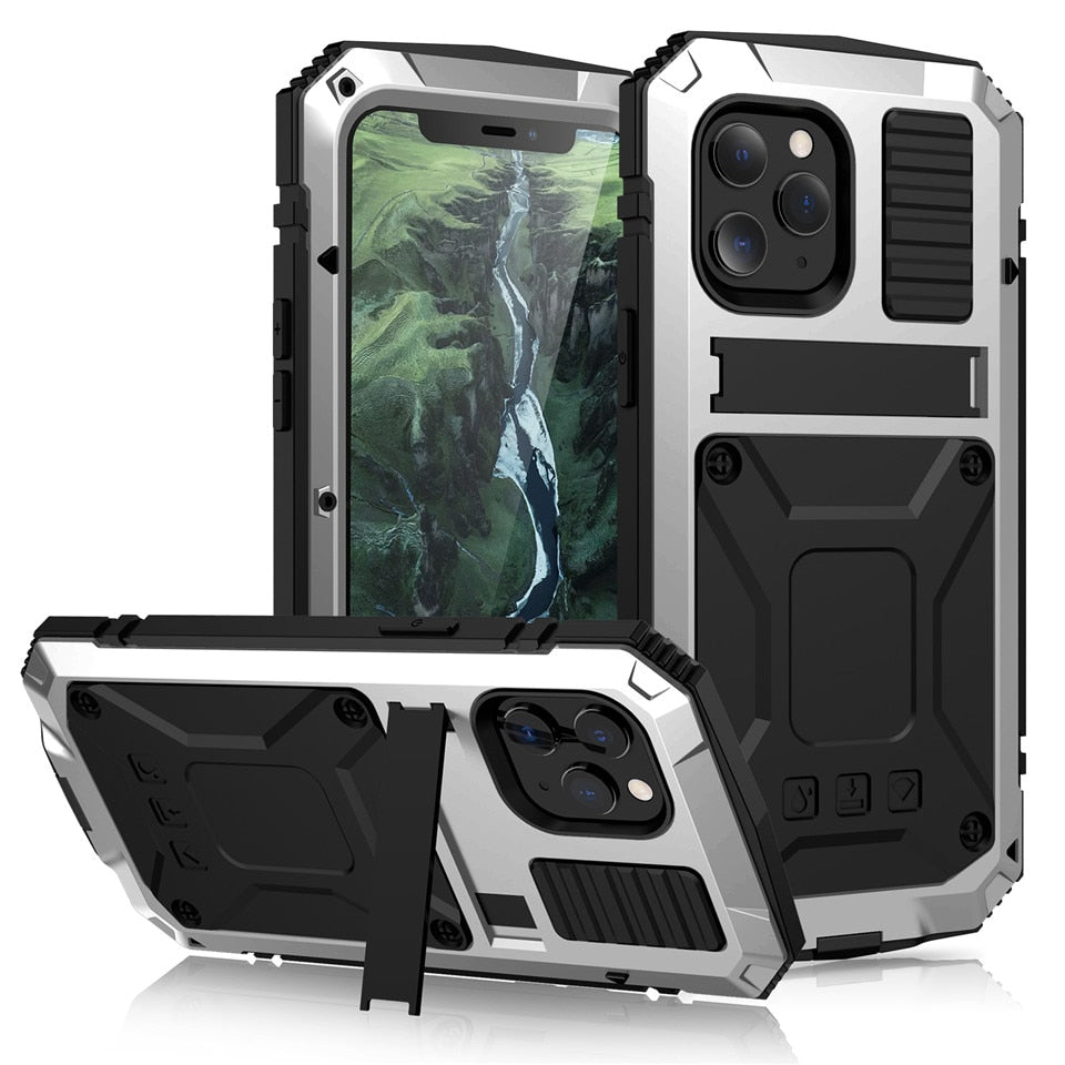 Metal Shockproof Kickstand Phone Case For iPhone 12 Pro Max XS Max XR Dustproof Tempered glass Cover For iPhone 12 Mini 11 Pro - 380230 For iPhone X / Silver / United States Find Epic Store