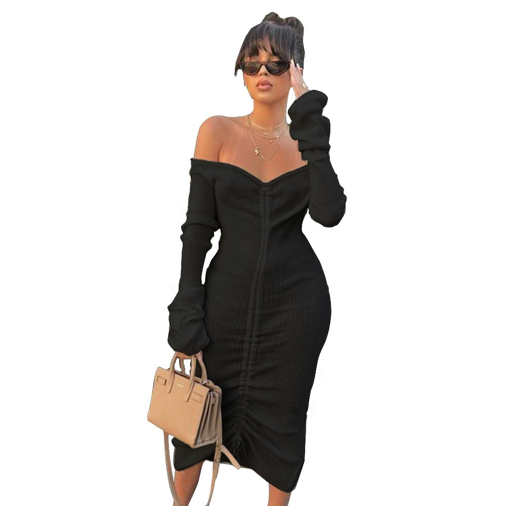 White Slash Neck Long Sleeve Dress - 200000347 black ribbed dress / S / United States Find Epic Store