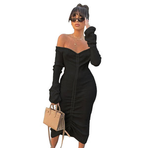 White Slash Neck Long Sleeve Dress - 200000347 black ribbed dress / S / United States Find Epic Store