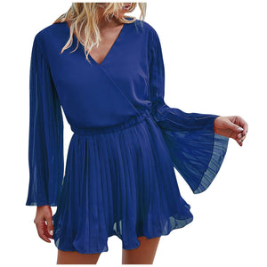 Pleated V-neck Dress - 200000362 Blue / S / United States Find Epic Store