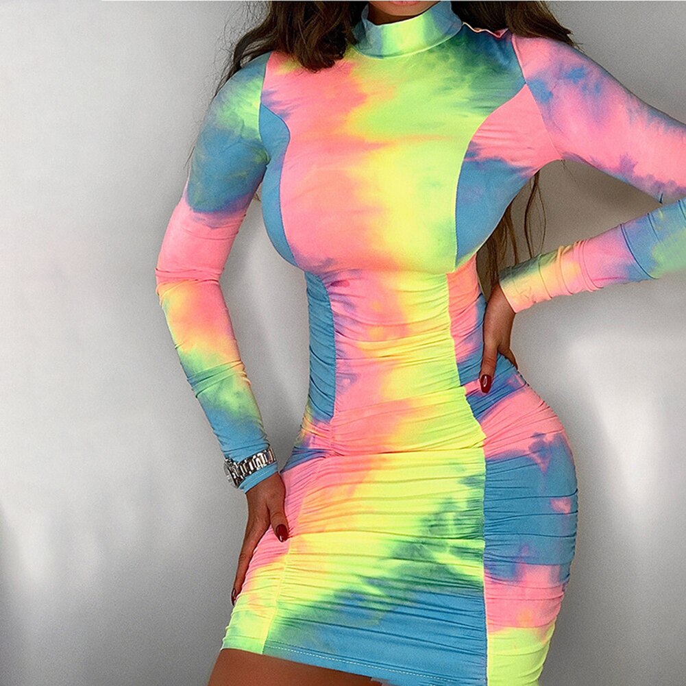 Tie-dye Fashion Round Neck Long Sleeve Bodycon Dress - 200000347 Find Epic Store