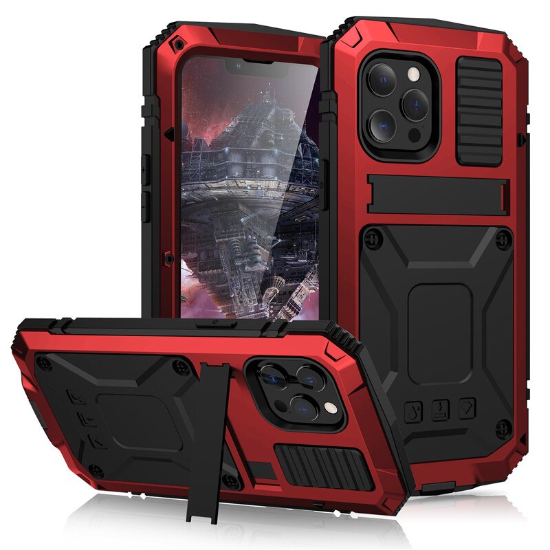 Full-Body Rugged Armor Shockproof Protective Case for iPhone 13 12 Pro Max Mini 11 Pro Max Kickstand Aluminum Metal Cover - 0 For iPhone13 Pro Max / Red Find Epic Store